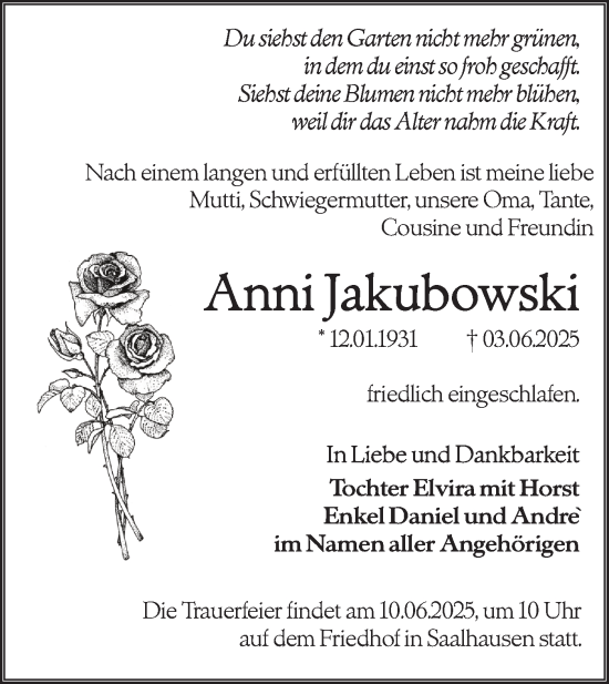 Traueranzeige von Anni Jakubowski von Lausitzer Rundschau