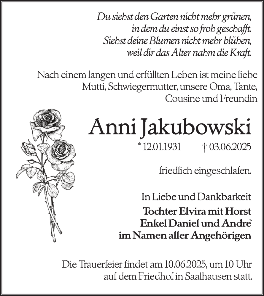  Traueranzeige für Anni Jakubowski vom 06.06.2025 aus Lausitzer Rundschau