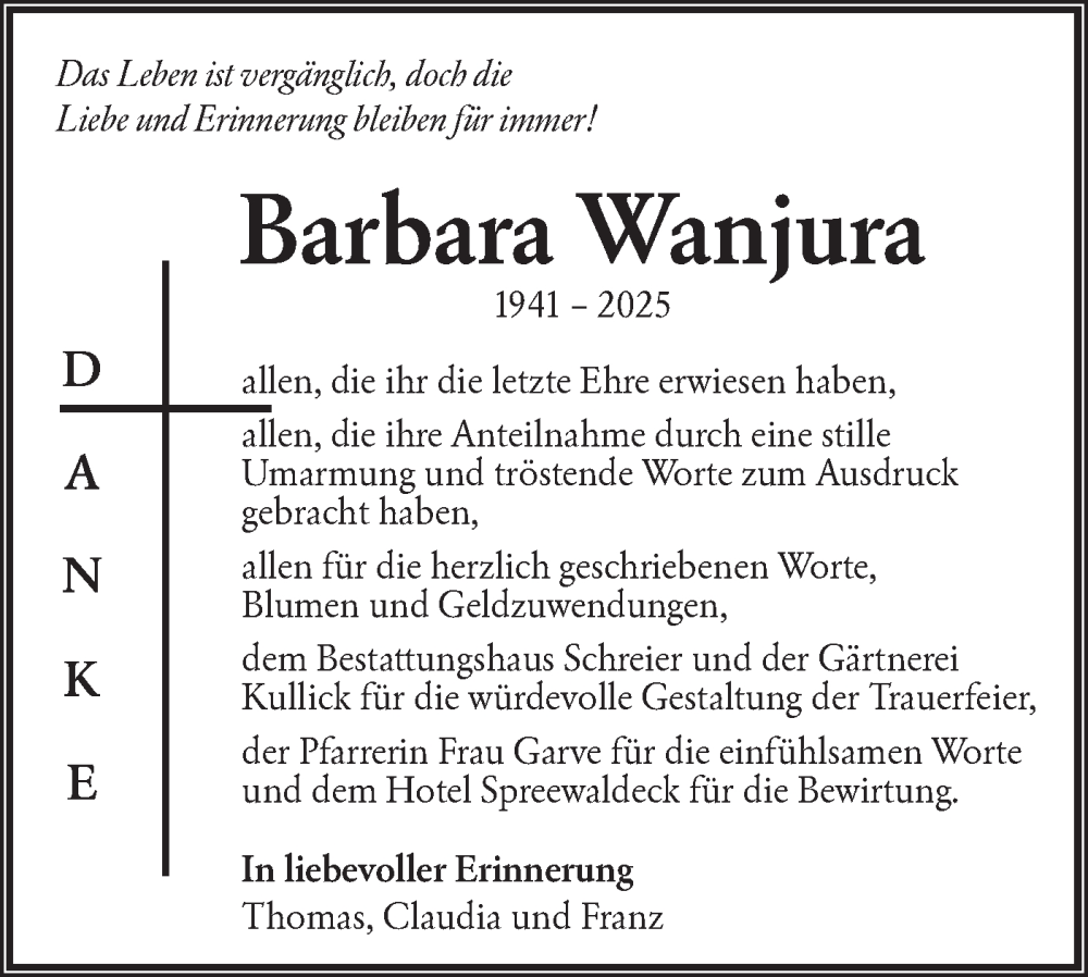  Traueranzeige für Barbara Wanjura vom 21.06.2025 aus Lausitzer Rundschau