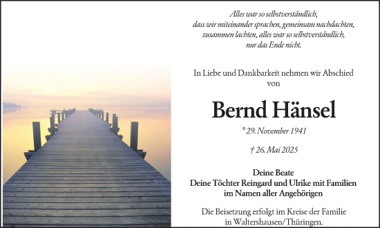 Traueranzeige von Bernd Hänsel von Lausitzer Rundschau