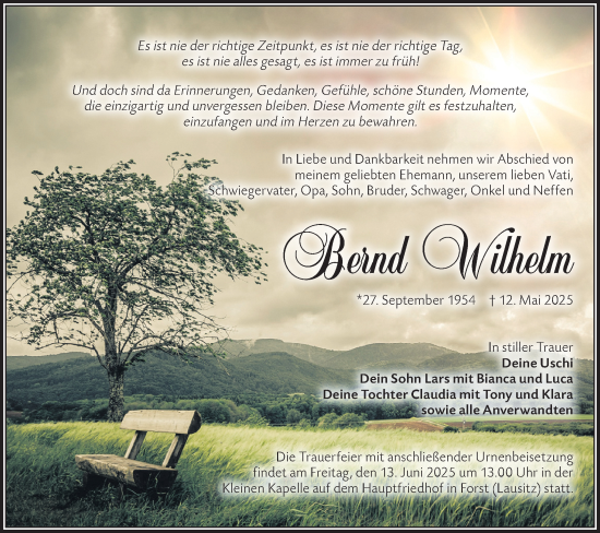 Traueranzeige von Bernd Wilhelm von Lausitzer Rundschau