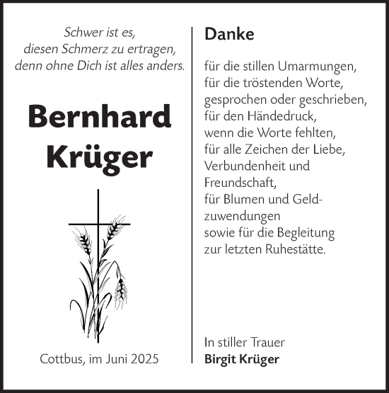 Traueranzeige von Bernhard Krüger von Lausitzer Rundschau