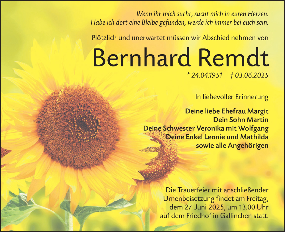  Traueranzeige für Bernhard Remdt vom 14.06.2025 aus Lausitzer Rundschau