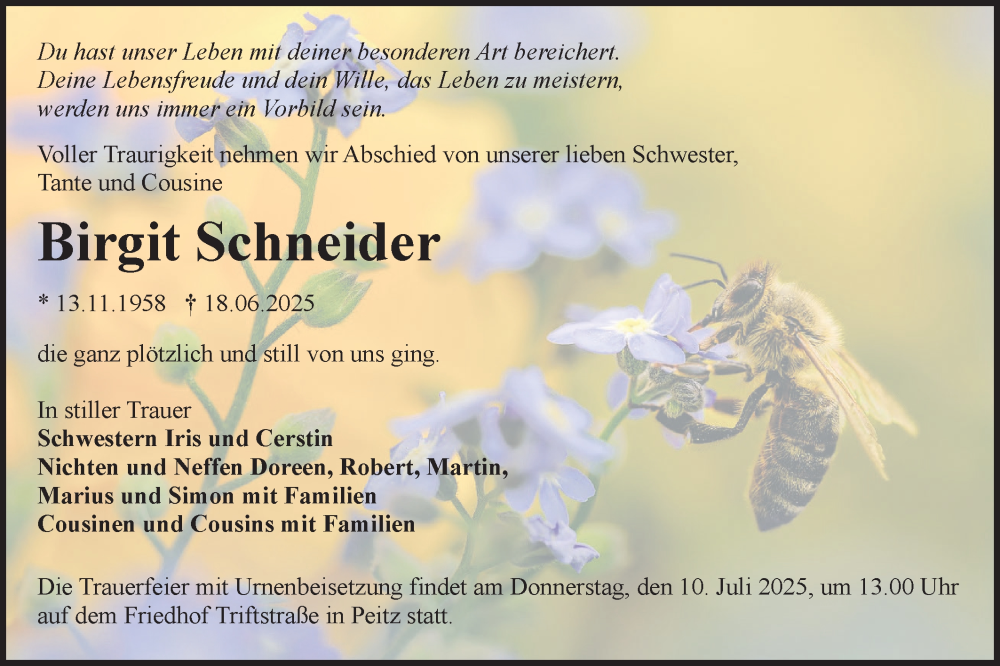  Traueranzeige für Birgit Schneider vom 28.06.2025 aus Lausitzer Rundschau