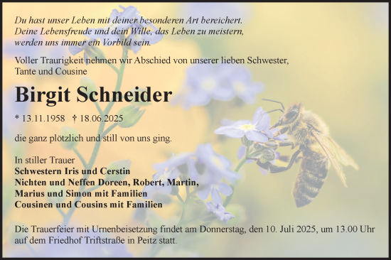 Traueranzeige von Birgit Schneider von Lausitzer Rundschau
