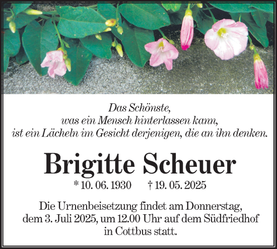 Traueranzeige von Brigitte Scheuer von Lausitzer Rundschau