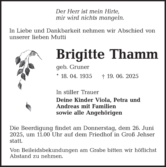 Traueranzeige von Brigitte Thamm von Lausitzer Rundschau