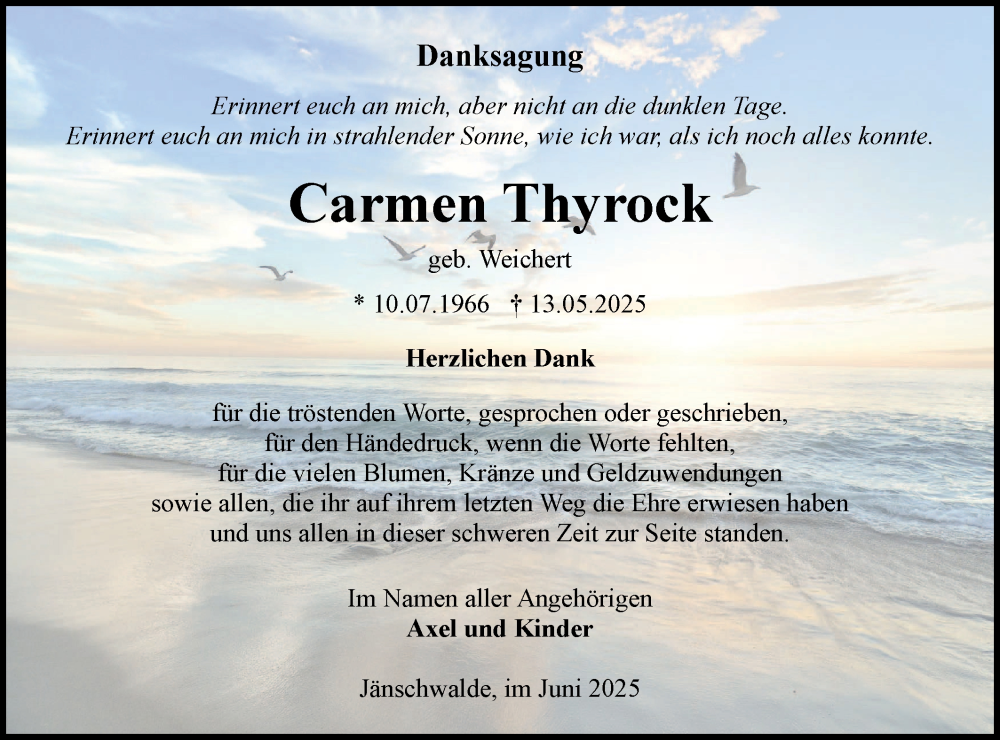  Traueranzeige für Carmen Thyrock vom 14.06.2025 aus Lausitzer Rundschau