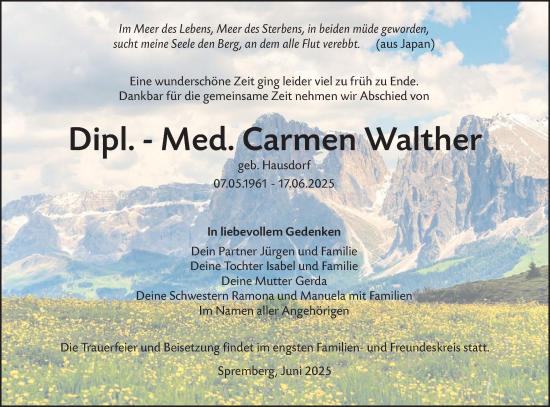 Traueranzeige von Carmen Walther von Lausitzer Rundschau