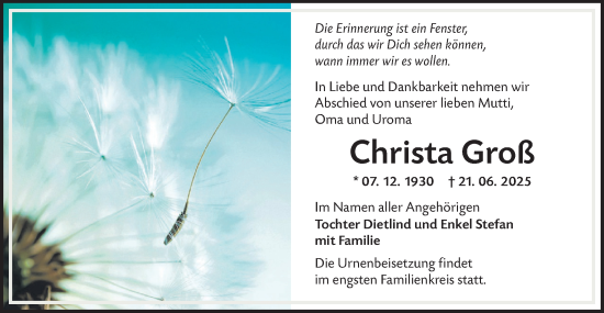 Traueranzeige von Christa Groß von Lausitzer Rundschau