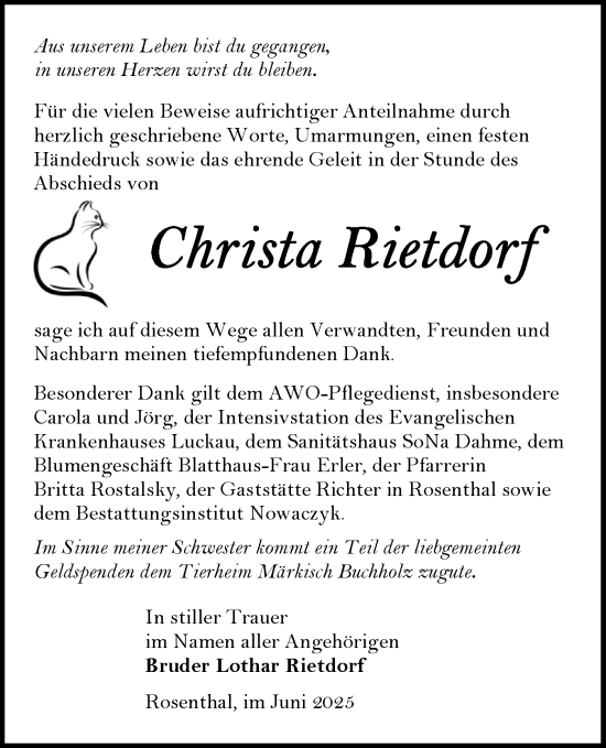 Traueranzeige von Christa Rietdorf von Lausitzer Rundschau