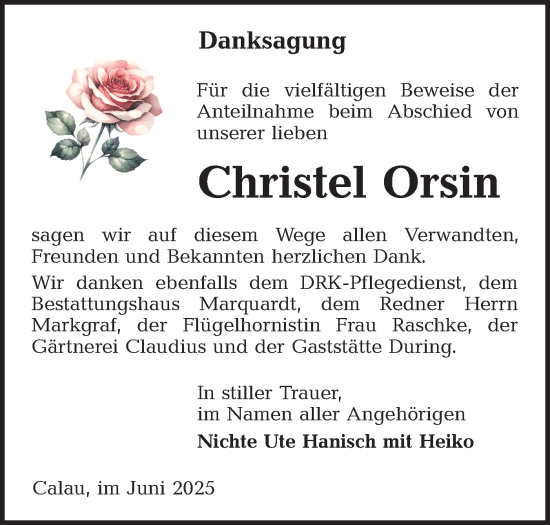 Traueranzeige von Christel Orsin von Lausitzer Rundschau