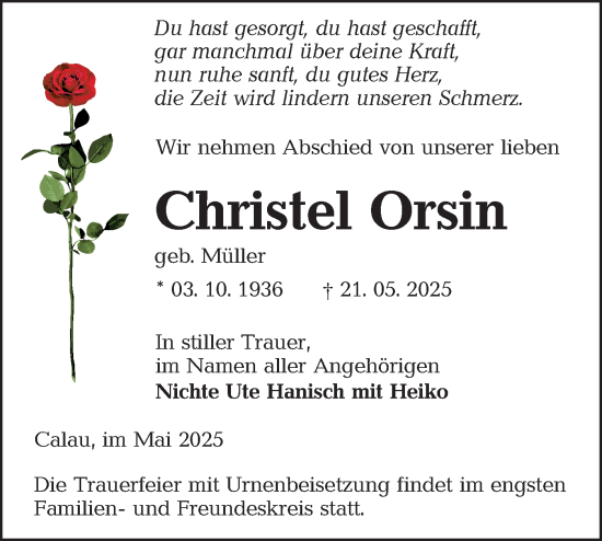 Traueranzeige von Christel Orsin von Lausitzer Rundschau