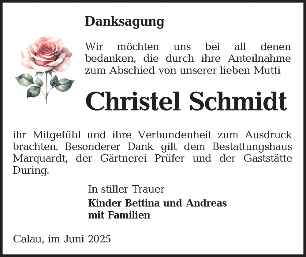  Traueranzeige für Christel Schmidt vom 14.06.2025 aus Lausitzer Rundschau