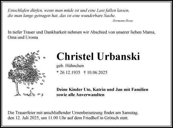 Traueranzeige von Christel Urbanski von Lausitzer Rundschau
