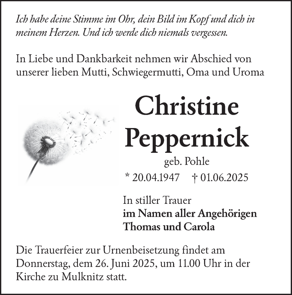  Traueranzeige für Christine Peppernick vom 14.06.2025 aus Lausitzer Rundschau
