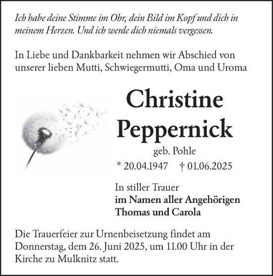 Traueranzeige von Christine Peppernick von Lausitzer Rundschau