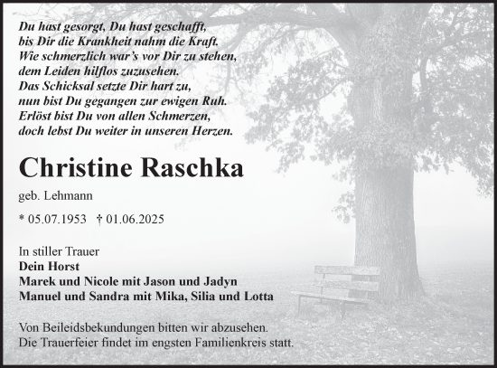 Traueranzeige von Christine Raschka von Lausitzer Rundschau