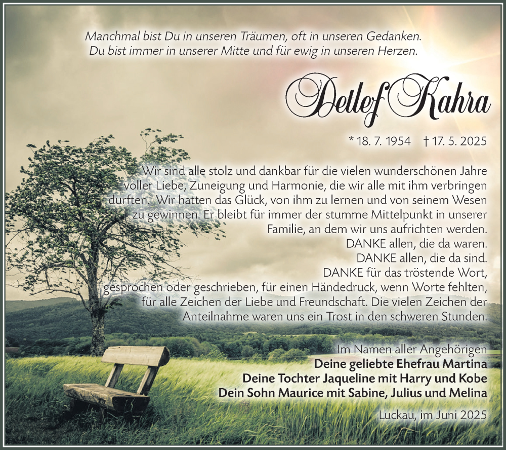  Traueranzeige für Detlef Kahra vom 21.06.2025 aus Lausitzer Rundschau