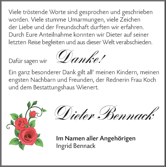 Traueranzeige von Dieter Bennack von Lausitzer Rundschau