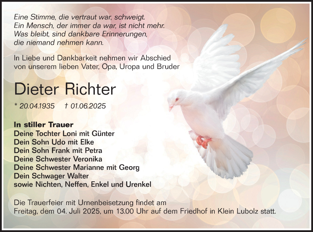  Traueranzeige für Dieter Richter vom 21.06.2025 aus Lausitzer Rundschau