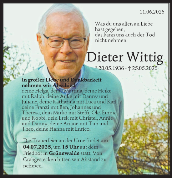 Traueranzeige von Dieter Wittig von Lausitzer Rundschau