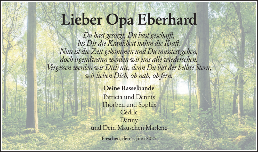  Traueranzeige für Eberhard  vom 07.06.2025 aus Lausitzer Rundschau