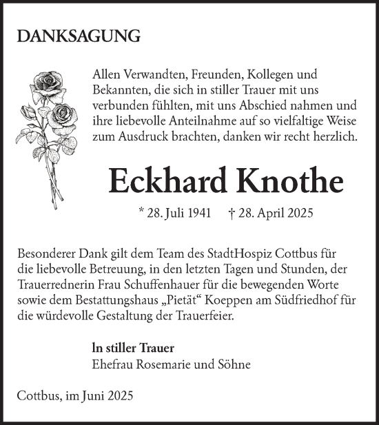 Traueranzeige von Eckhard Knothe von Lausitzer Rundschau