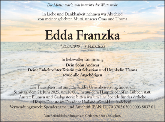 Traueranzeige von Edda Franzka von Lausitzer Rundschau