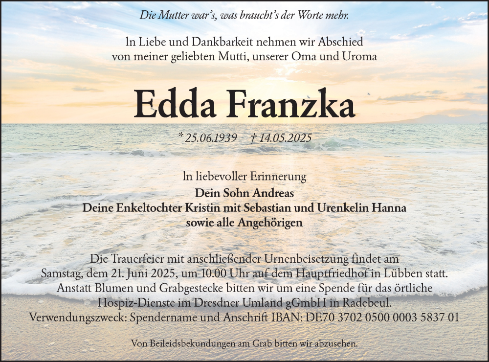  Traueranzeige für Edda Franzka vom 07.06.2025 aus Lausitzer Rundschau