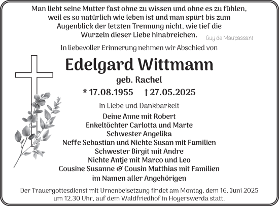 Traueranzeige von Edelgard Wittmann von Lausitzer Rundschau