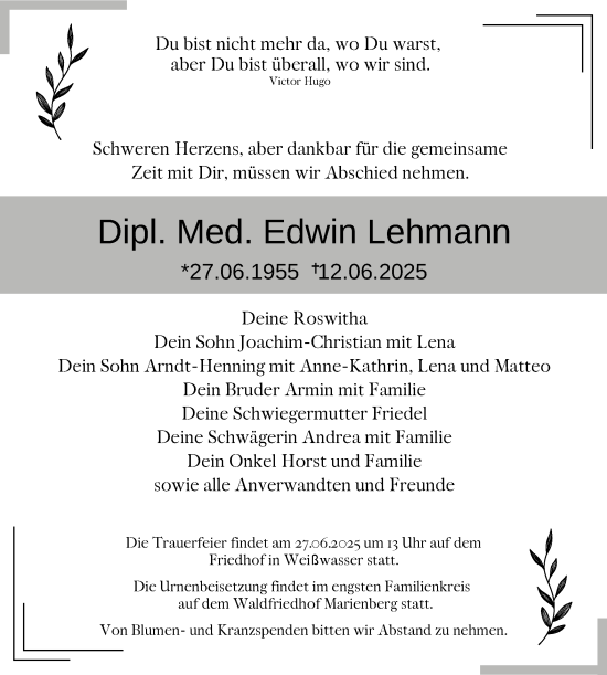 Traueranzeige von Edwin Lehmann von Lausitzer Rundschau