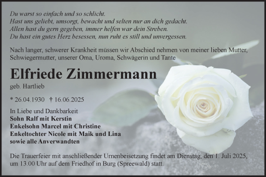 Traueranzeige von Elfriede Zimmermann von Lausitzer Rundschau