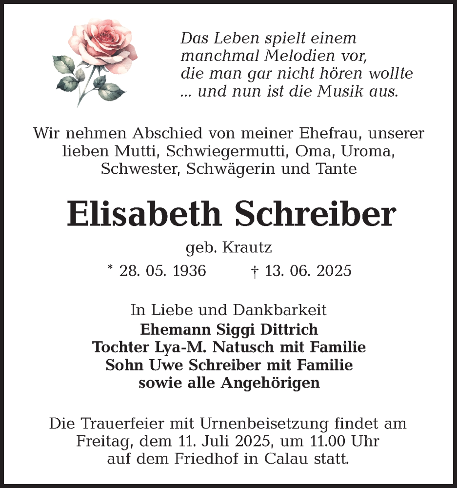  Traueranzeige für Elisabeth Schreiber vom 28.06.2025 aus Lausitzer Rundschau