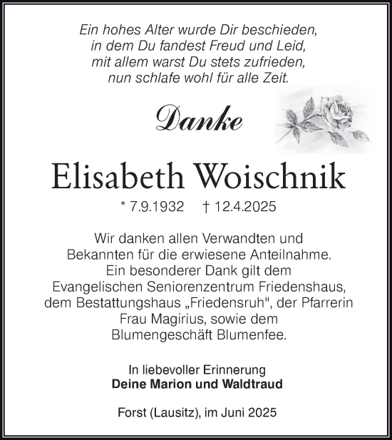 Traueranzeige von Elisabeth Woischnik von Lausitzer Rundschau