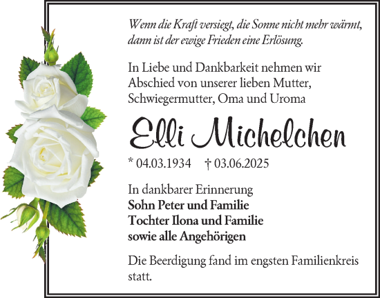 Traueranzeige von Elli Michelchen von Lausitzer Rundschau