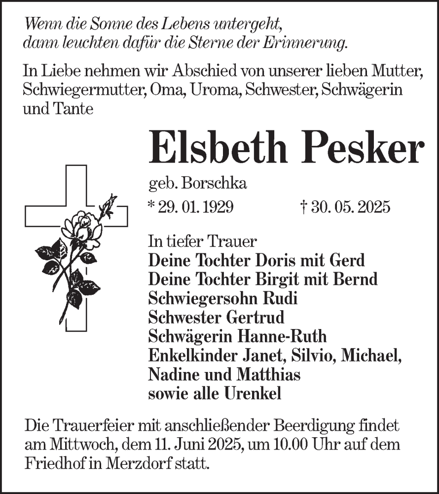  Traueranzeige für Elsbeth Pesker vom 07.06.2025 aus Lausitzer Rundschau