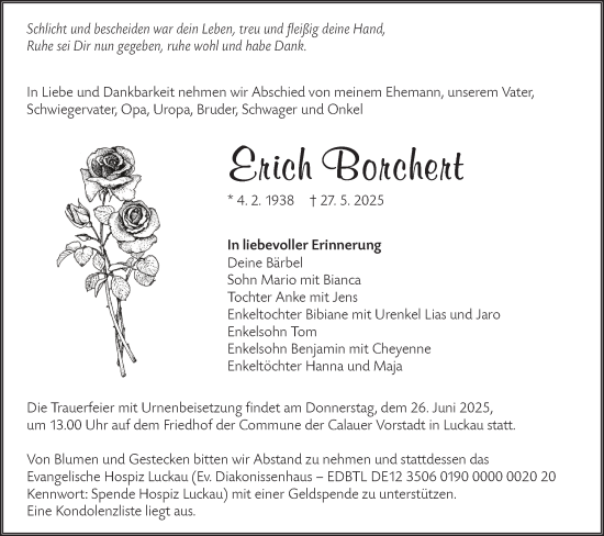 Traueranzeige von Erich Borchert von Lausitzer Rundschau