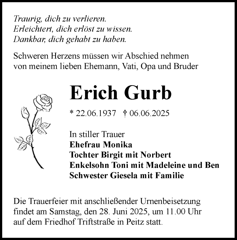  Traueranzeige für Erich Gurb vom 21.06.2025 aus Lausitzer Rundschau