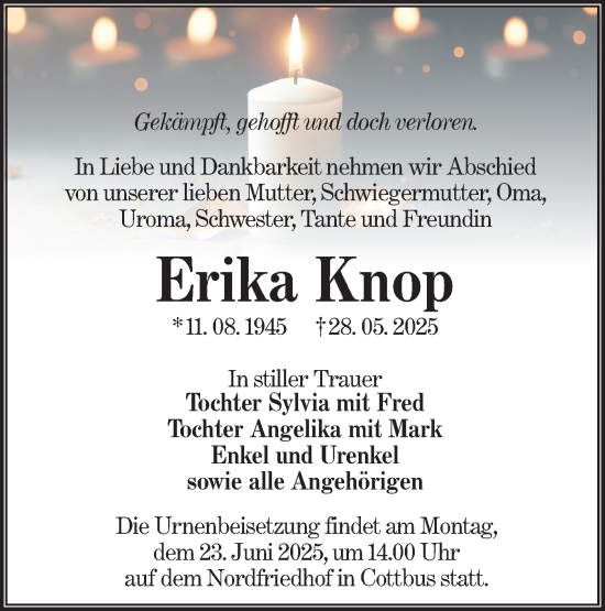 Traueranzeige von Erika Knop von Lausitzer Rundschau