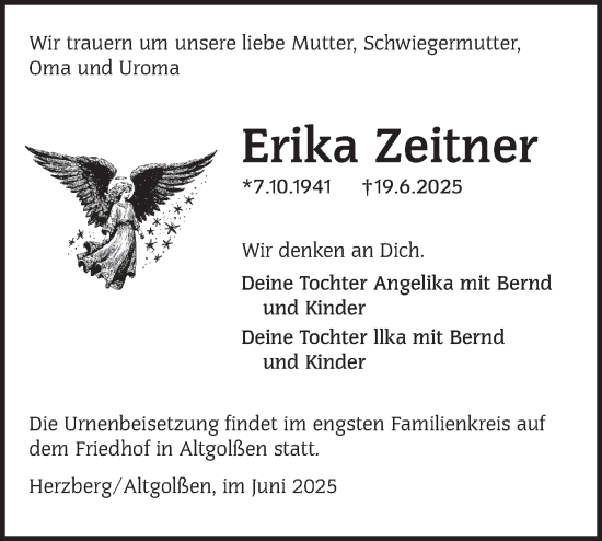 Traueranzeige von Erika Zeitner von Lausitzer Rundschau