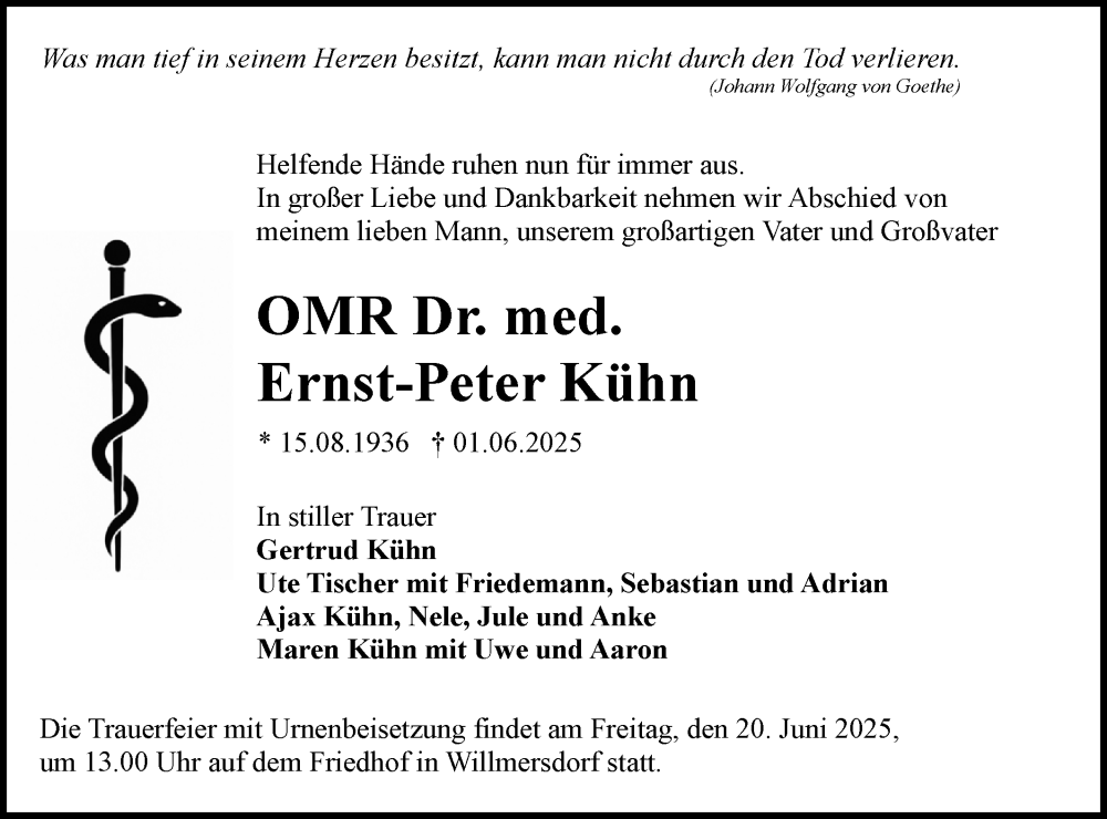  Traueranzeige für Ernst-Peter Kühn vom 14.06.2025 aus Lausitzer Rundschau