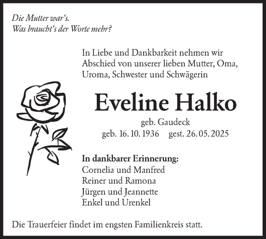 Traueranzeige von Eveline Halko von Lausitzer Rundschau