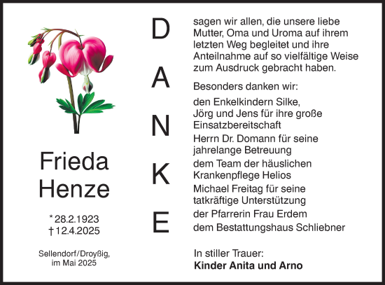 Traueranzeige von Frieda Henze von Lausitzer Rundschau