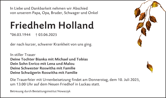 Traueranzeige von Friedhelm Holland von Lausitzer Rundschau