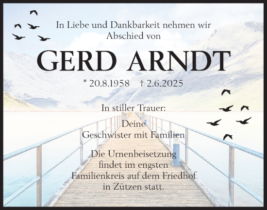 Traueranzeige von Gerd Arndt von Lausitzer Rundschau