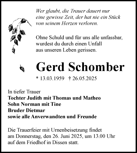 Traueranzeige von Gerd Schomber von Lausitzer Rundschau