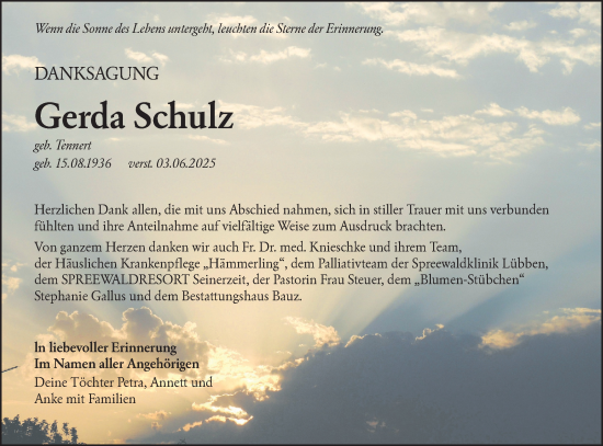 Traueranzeige von Gerda Schulz von Lausitzer Rundschau