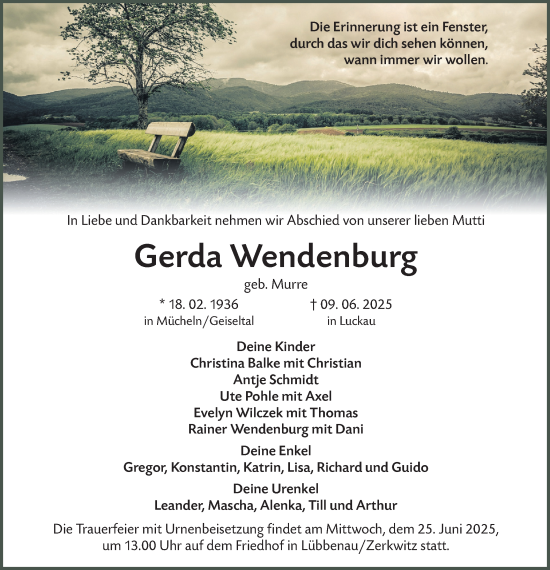 Traueranzeige von Gerda Wendenburg von Lausitzer Rundschau