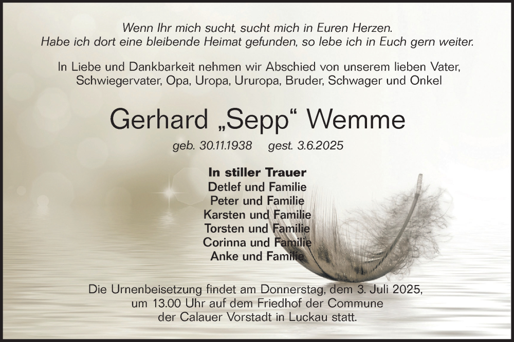  Traueranzeige für Gerhard Wemme vom 14.06.2025 aus Lausitzer Rundschau
